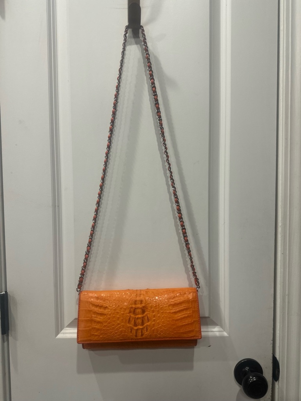 Orange Croc-Embossed Chain Shoulder Bag